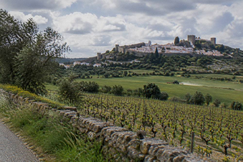 Rolling Portuguese countryside seen from a highway with a distant hilltop town