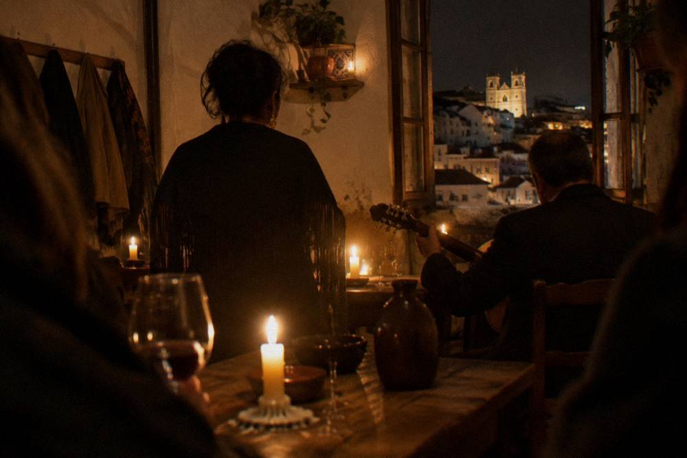 Fado guitarist and singer performing in a small candlelit Lisbon room