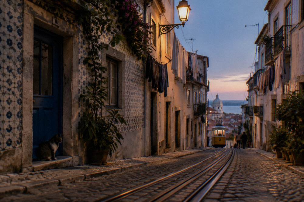 Narrow lamplit Alfama street with an old yellow tram track running uphill