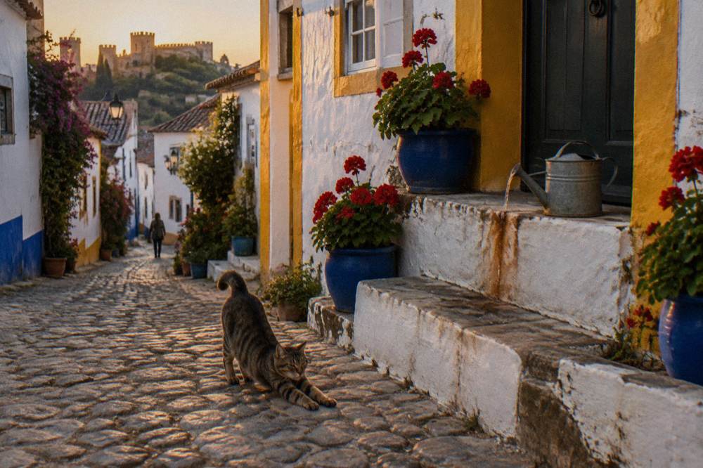 Row of traditional white houses with yellow borders along a narrow lane in evening light