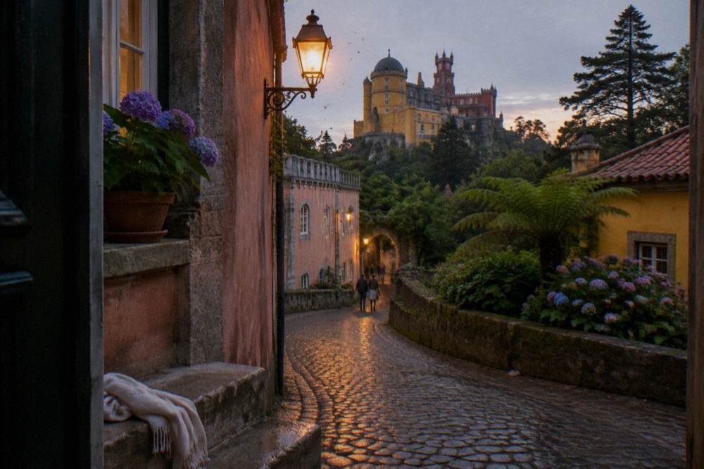 Quiet cobbled lane in Sintra's historic town centre at dusk