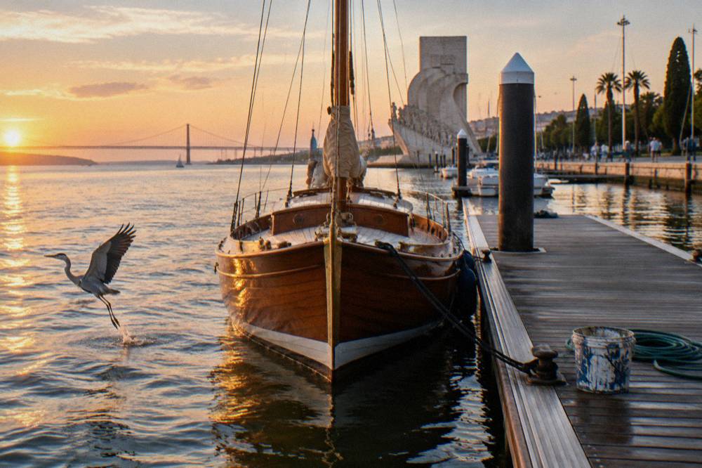 Traditional wooden Tagus boat moored at a Lisbon dock in evening light