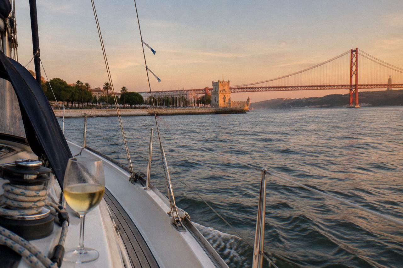 Sailboat on the Tagus river with the 25 de Abril bridge in warm evening light