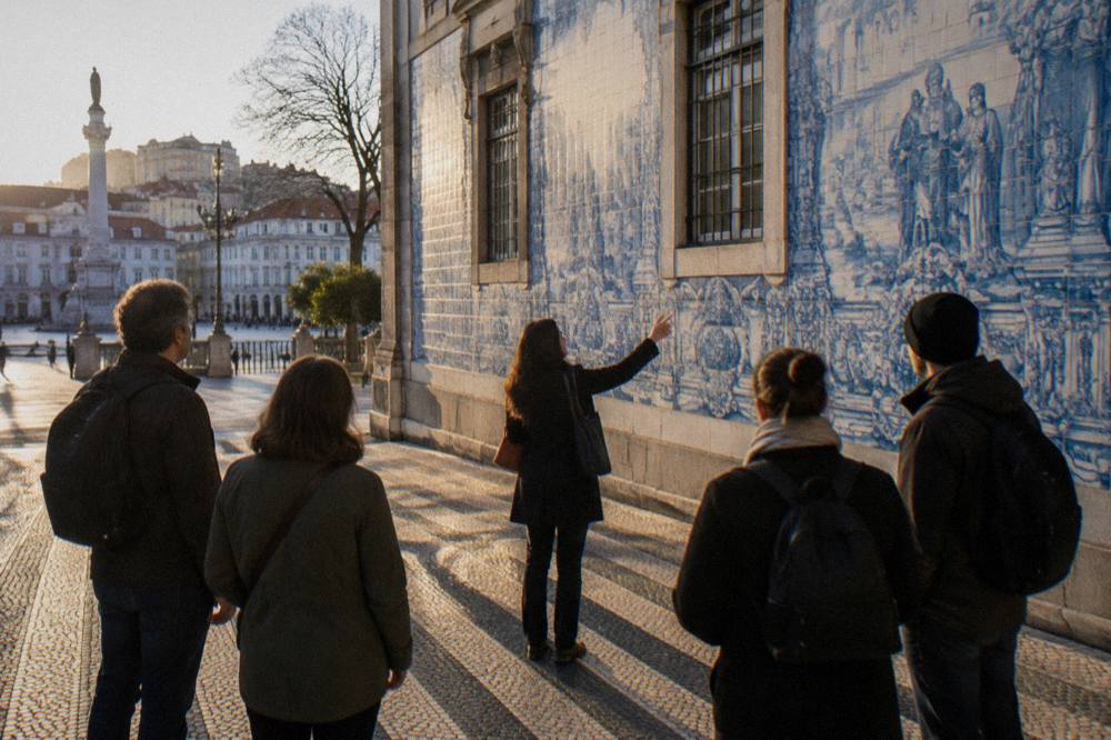 Guide speaking to a small group on a Lisbon street with tiled walls