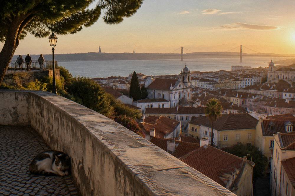 Wide view over Lisbon rooftops toward the Tagus river at golden hour