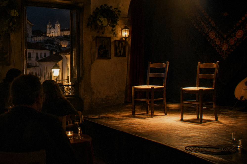 Dim stage lit by a single spotlight with two chairs for fado performers