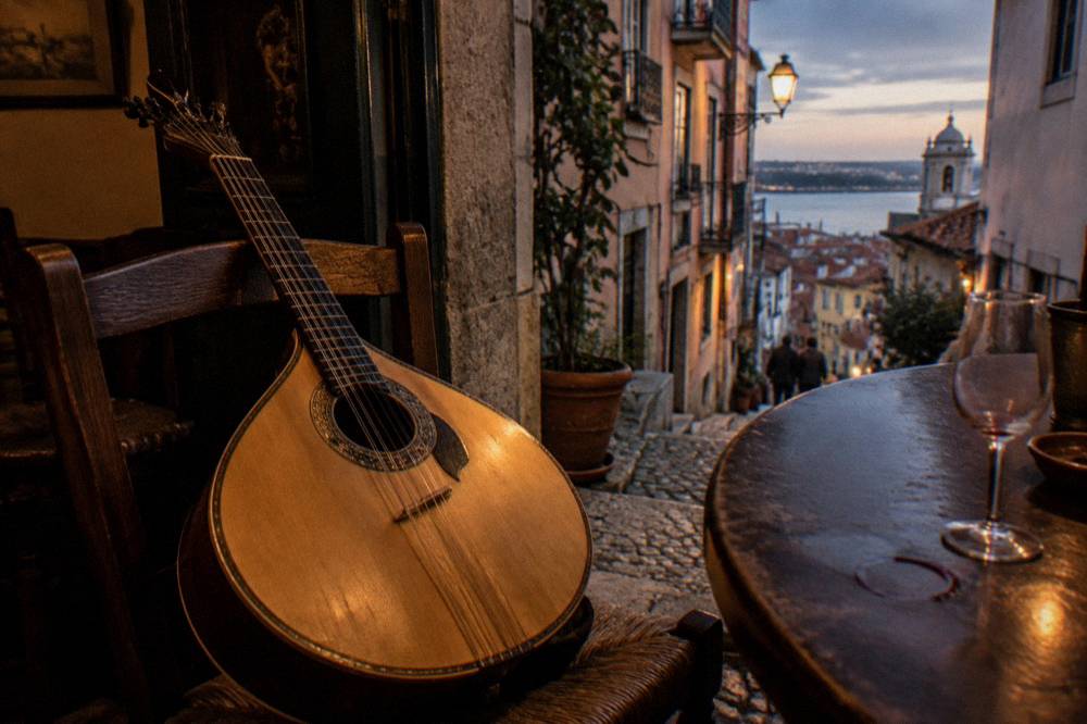 Portuguese guitarra resting on a chair beside sheet music in a dim venue