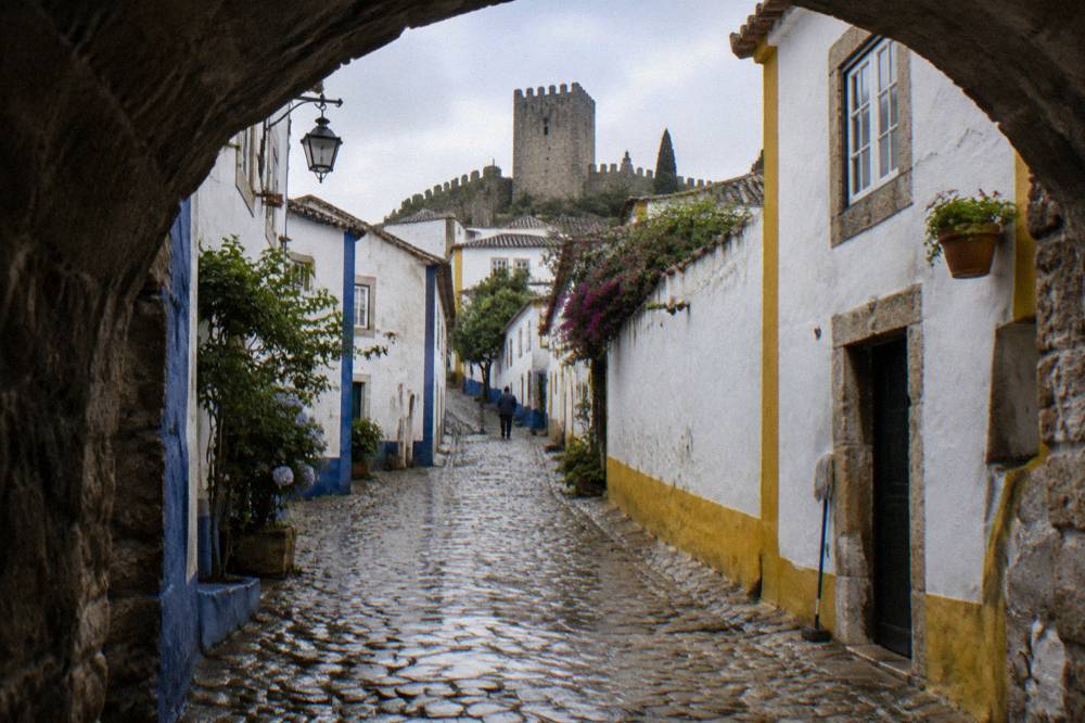 A walled hillside village with white houses and a stone castle tower above narrow cobbled streets