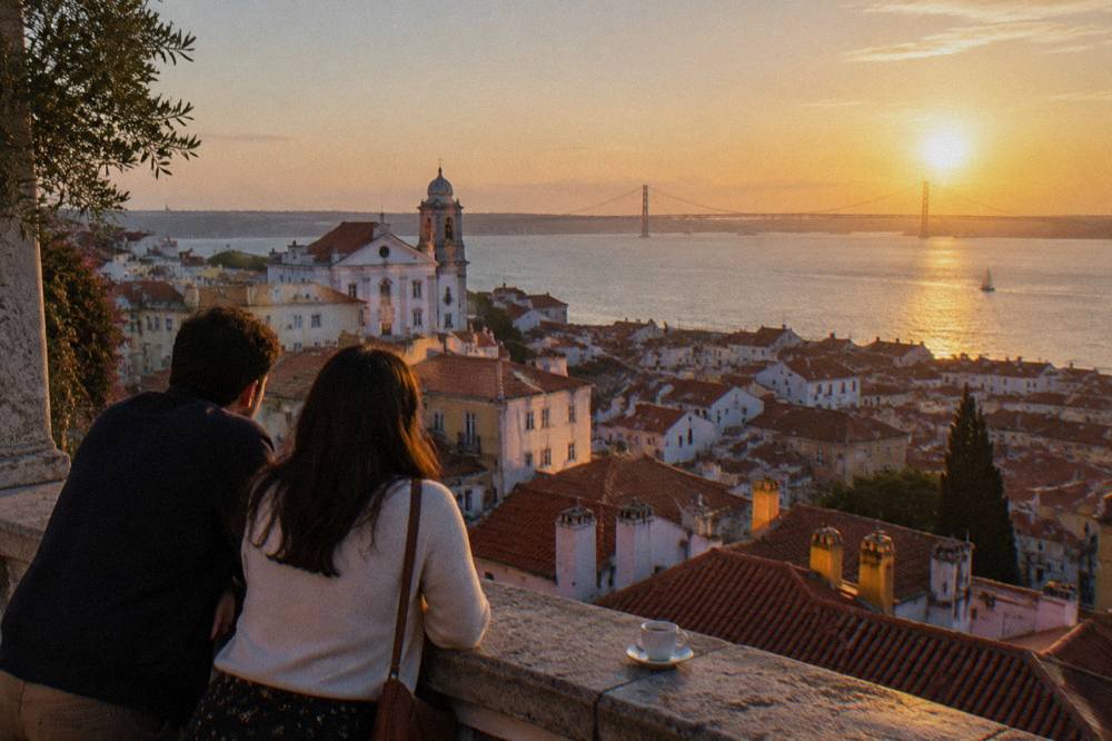 Evening view from a hillside terrace across the tiled rooftops of Lisbon toward the river