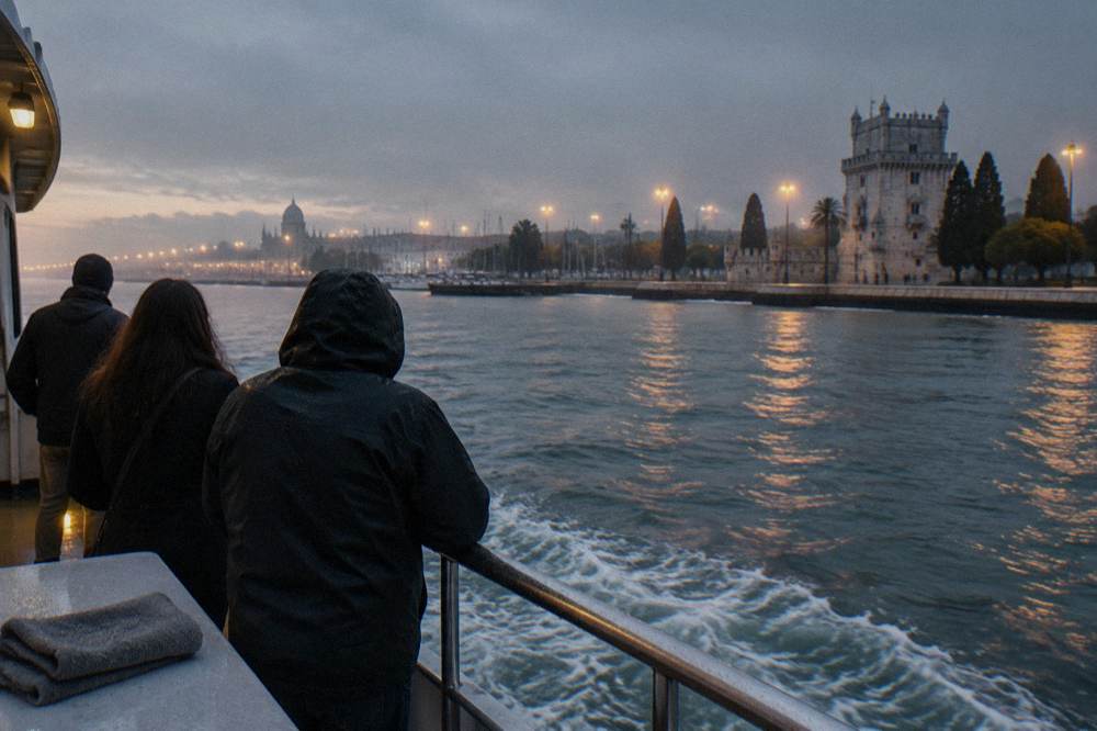 Passengers in light jackets standing along the railing of a sailboat at dusk