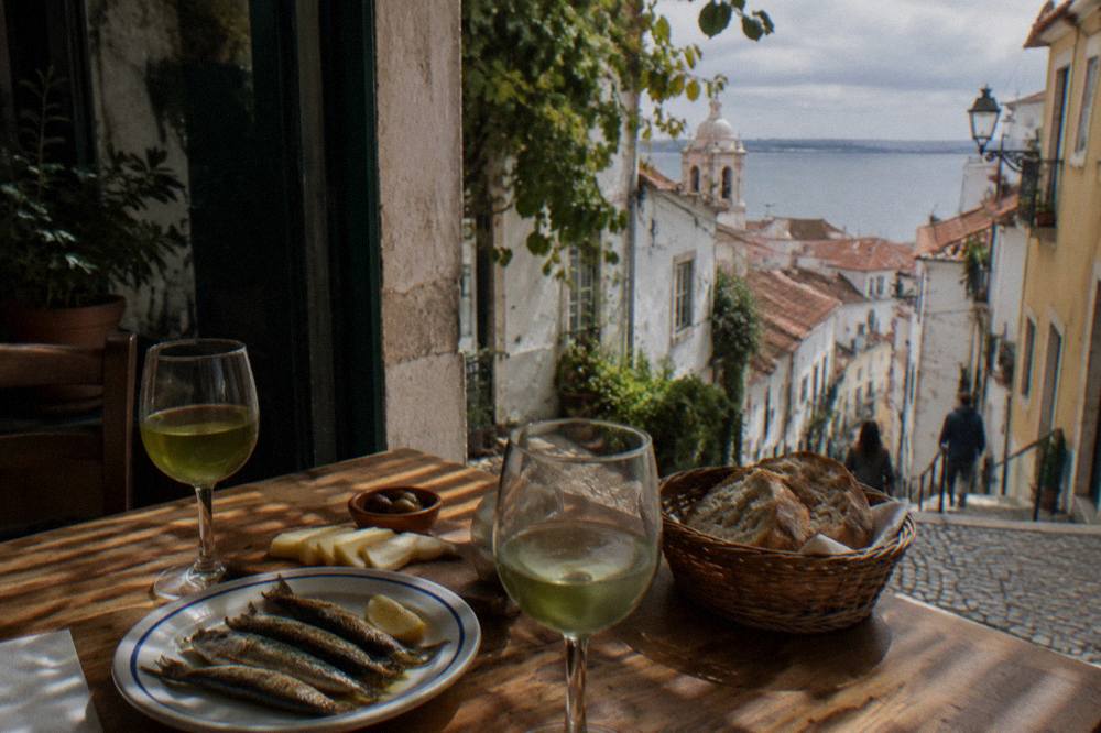 A spread of Portuguese petiscos, cured fish, cheese and glasses of wine on a wooden table