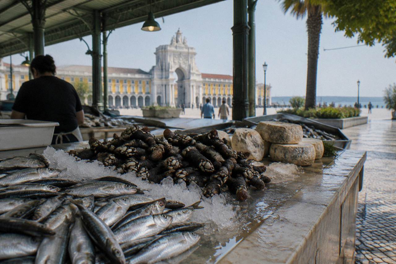 A Lisbon food market counter with fresh seafood and regional cheeses on display