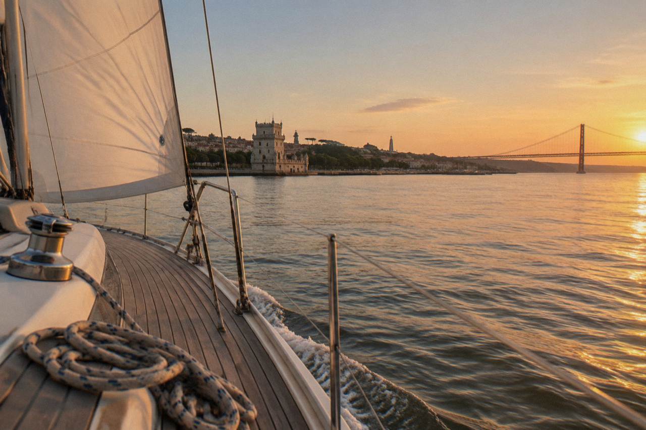 A sailboat on the Tagus river with Lisbon's hills and bridge in the background at dusk