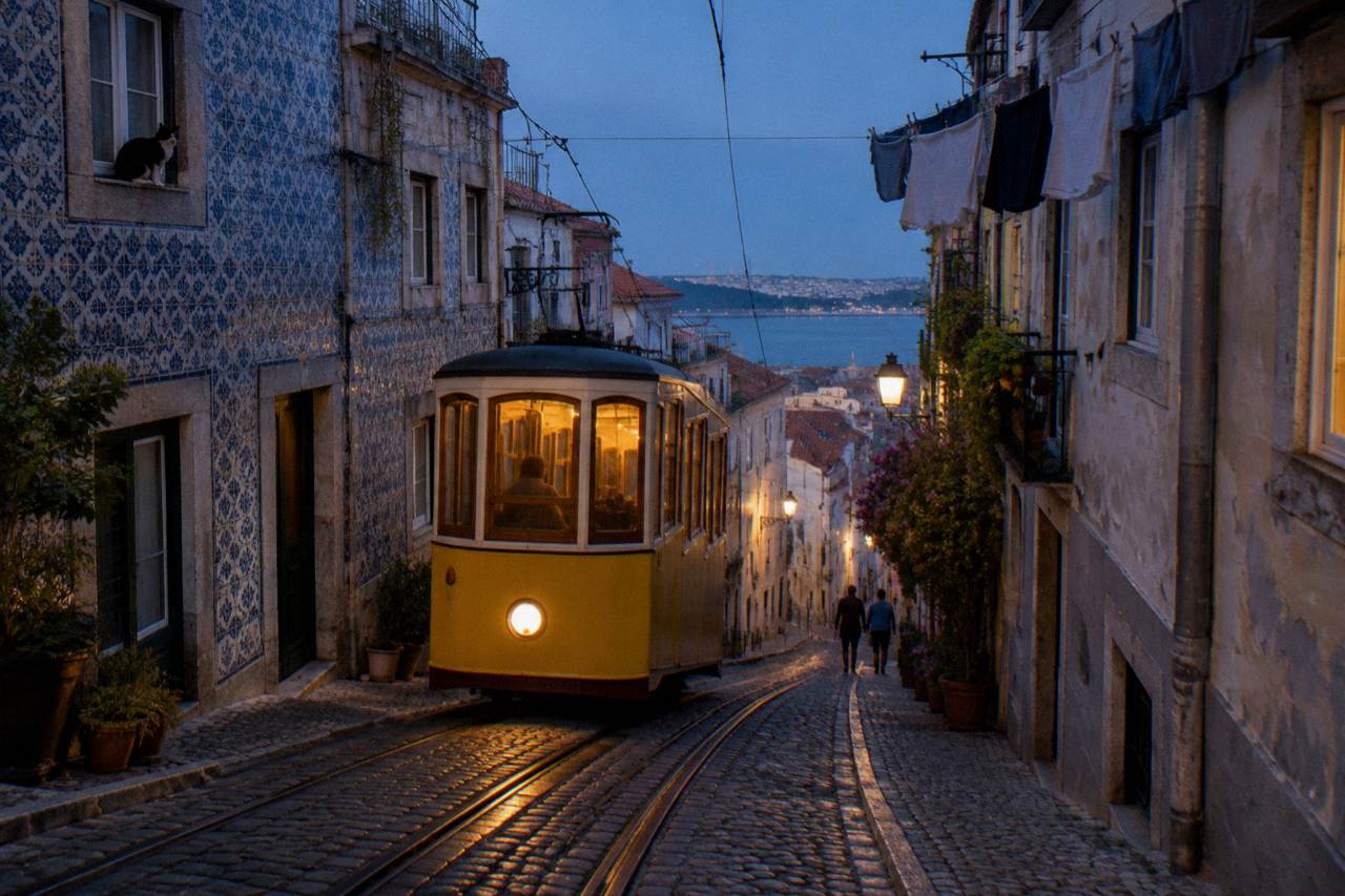 A vintage yellow tram climbing a narrow cobbled street in old Lisbon