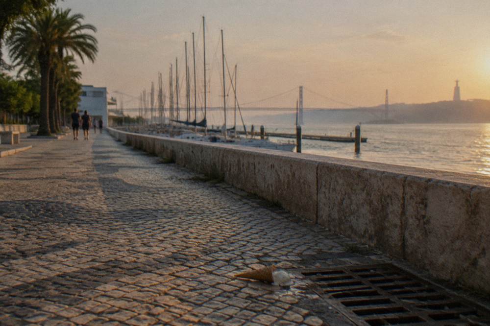 Riverside cycle path in Belém with the April 25 bridge visible in the distance