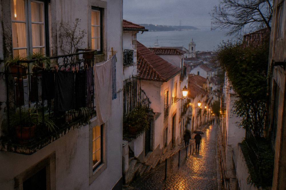 Narrow cobblestone lane in Alfama lit by street lamps in the evening