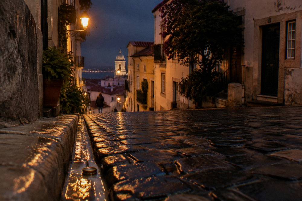 Close view of worn cobblestone paving with a rain-slicked surface in an old Lisbon street