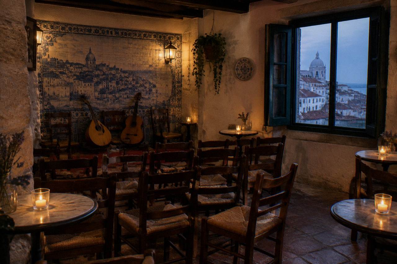 Empty candlelit fado venue with chairs arranged around a small performance space in a tiled Lisbon room