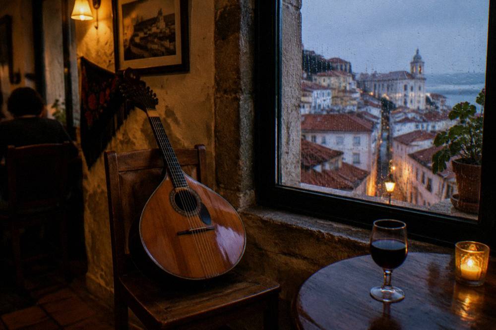 A Portuguese twelve-string guitar resting on a chair in a lamplit fado house