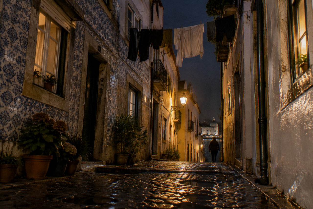 A narrow Alfama street at night with lit windows and laundry lines above