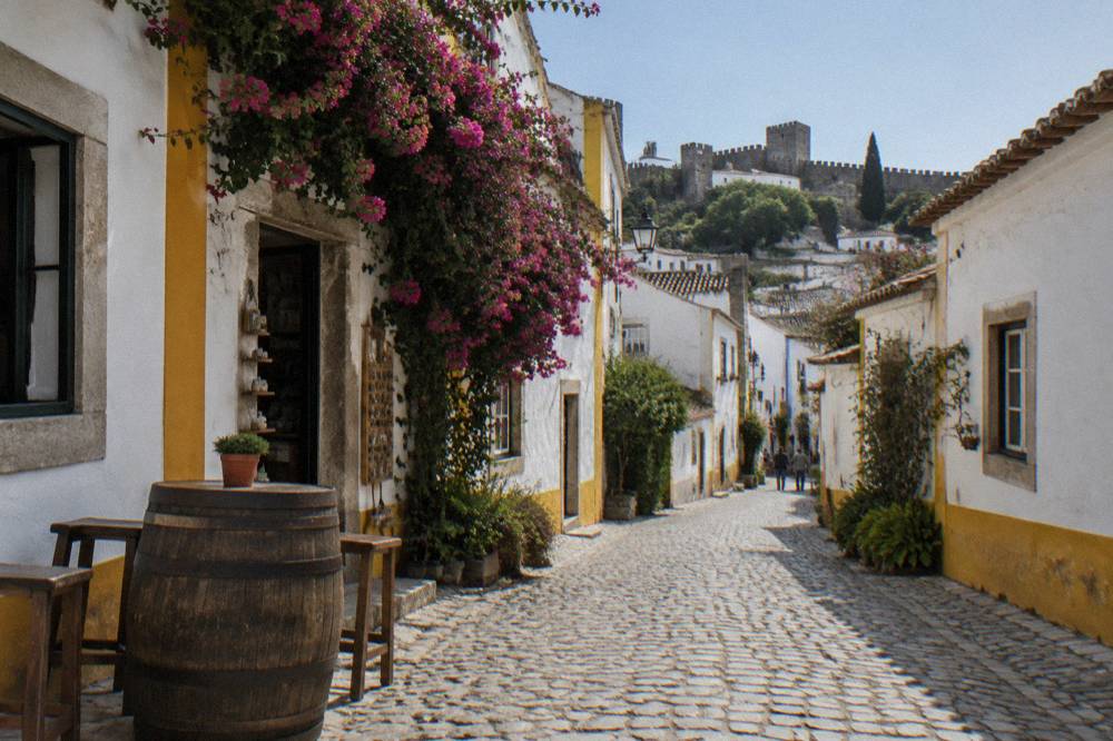 A walled hilltop town street with white houses and flowering plants along the stone walls