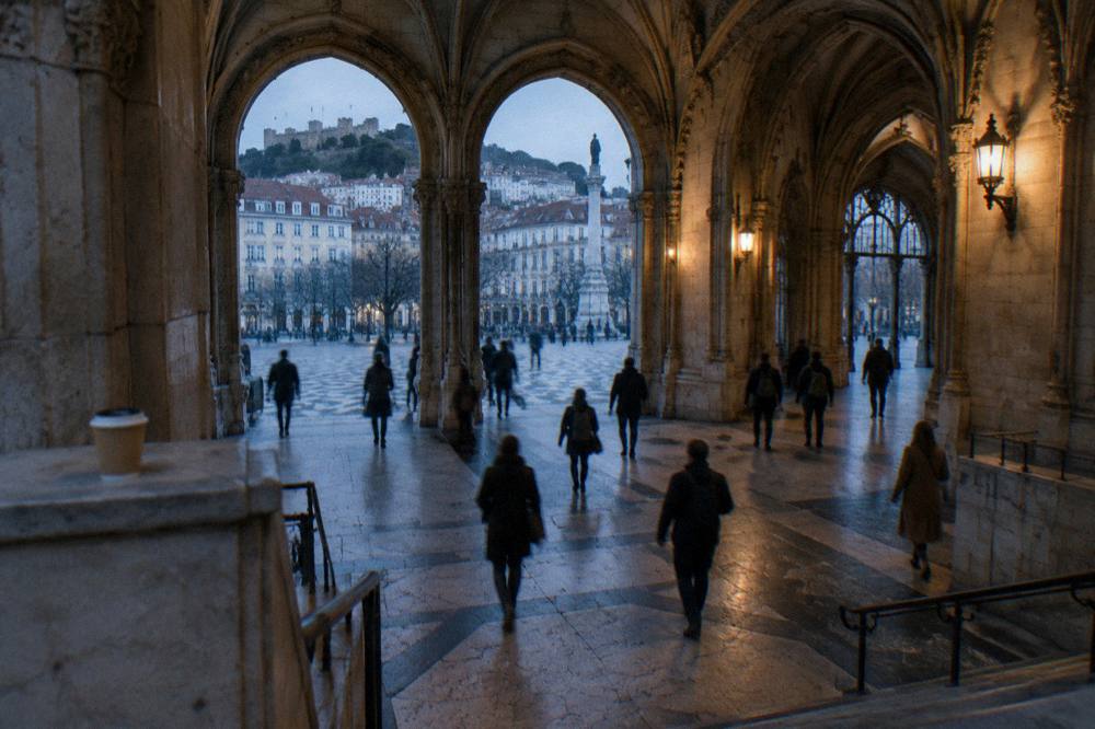 Vaulted concourse of Rossio station in Lisbon with blurred travellers crossing worn limestone under horseshoe arches in warm lamplight