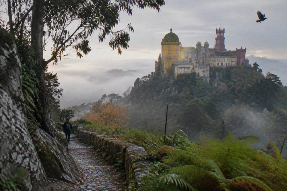Pastel-coloured Sintra palace towers rising above green forest canopy