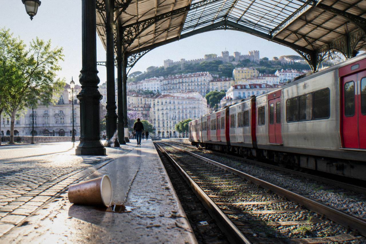 A regional train waiting at a Lisbon station platform on a bright morning
