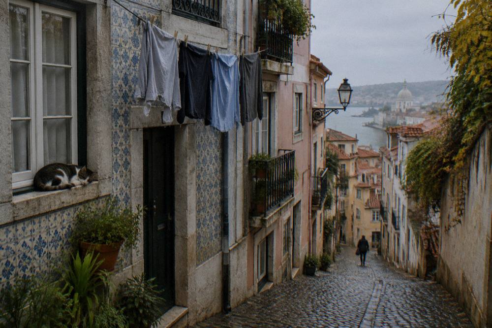 Narrow cobbled street in Alfama with pastel coloured buildings and laundry on balconies