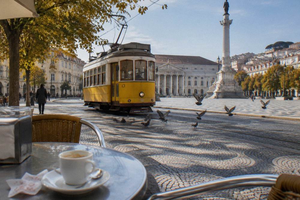Sunlit square with yellow tram and cafe tables in central Lisbon