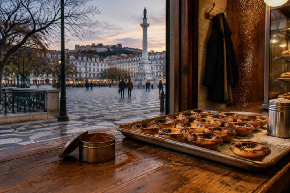 Pastel de nata custard tarts on a counter in a Lisbon bakery
