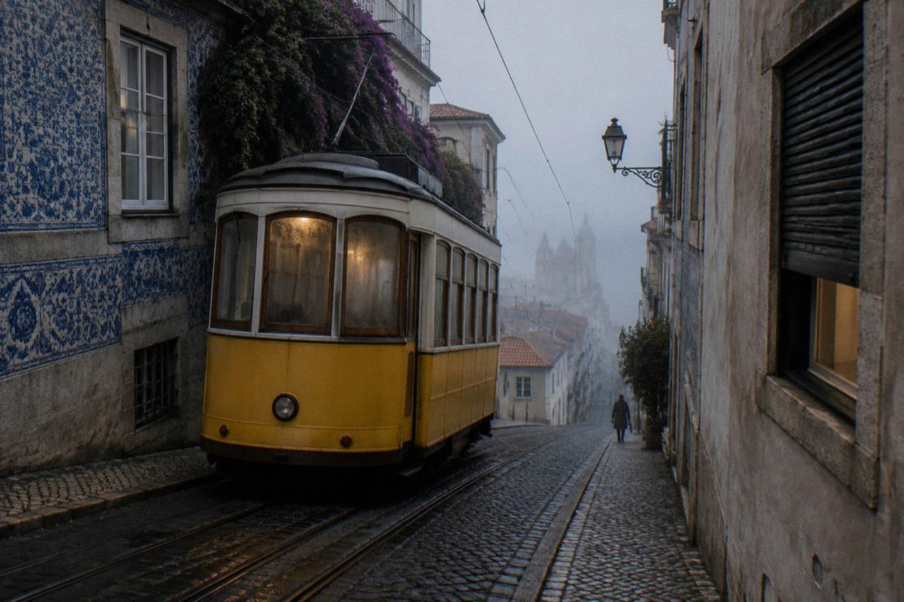 Yellow tram on a Lisbon street with tiled building facades behind it