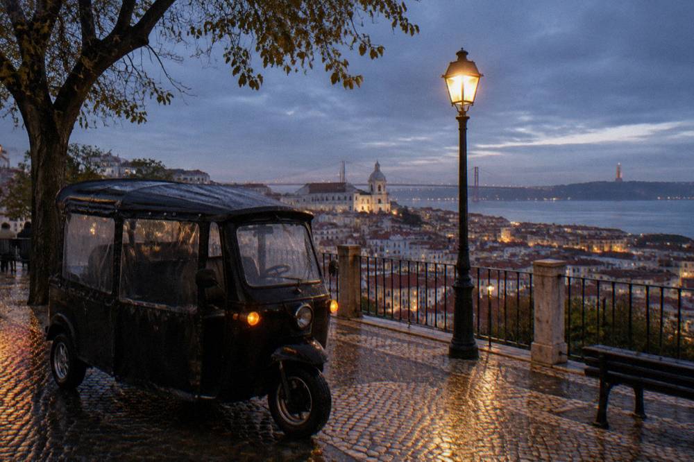Electric tuk tuk parked on a viewpoint square overlooking Lisbon rooftops