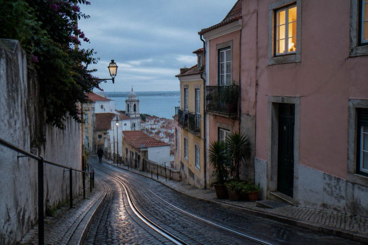 Narrow Alfama street with pastel buildings and a yellow tram track curving uphill