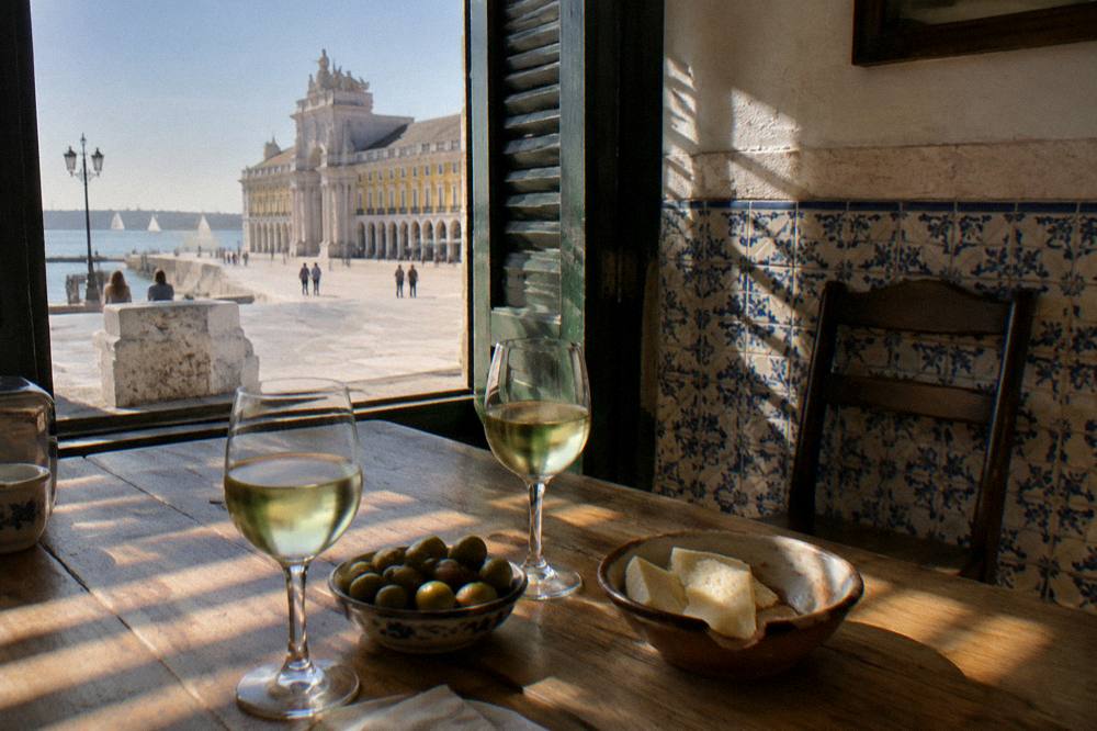 Table set with wine glasses and petiscos plates in a small Lisbon tavern