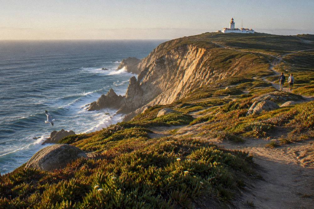 The stone cliffs and lighthouse at Cabo da Roca above the Atlantic Ocean in late afternoon light