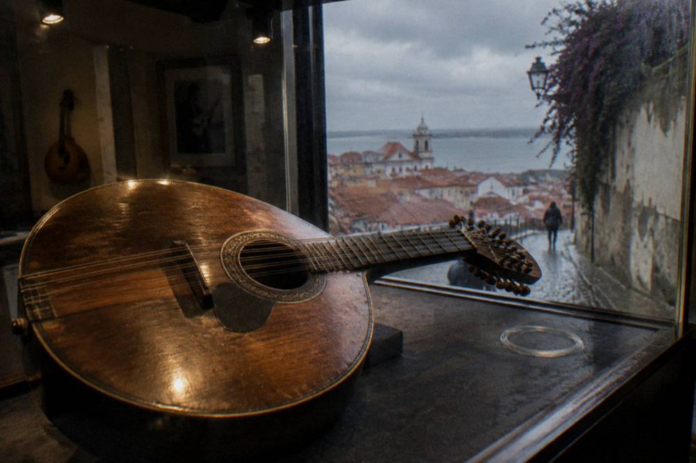 Museum interior with exhibits about traditional music in a dark room