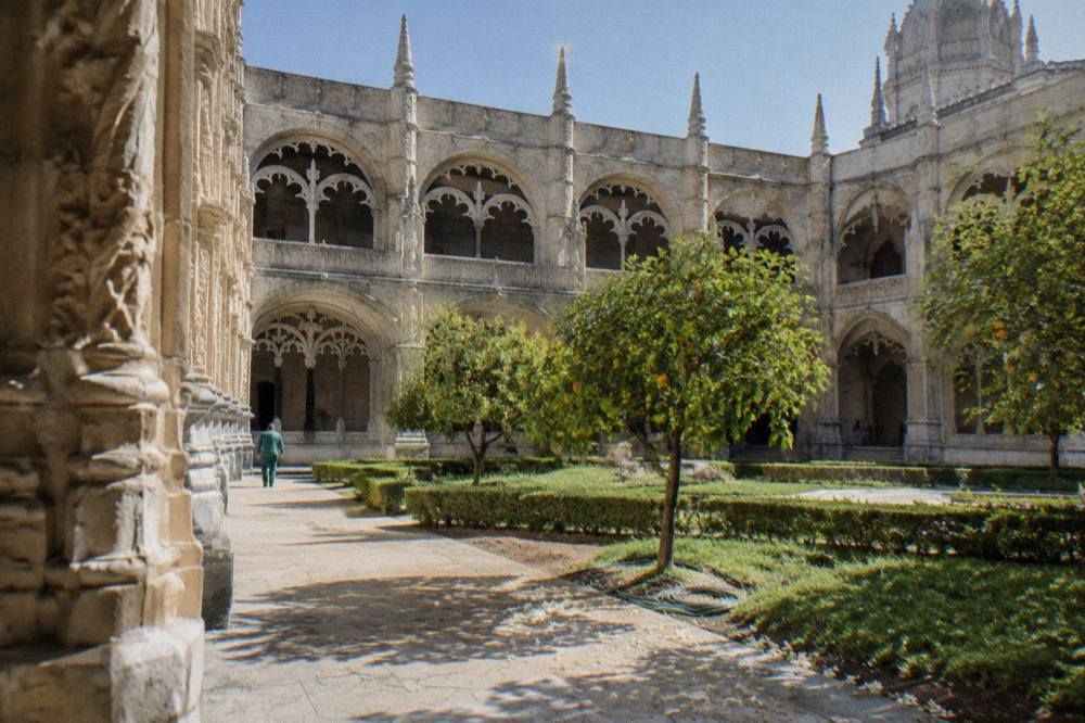 Jeronimos Monastery cloister arches in Belem under daylight
