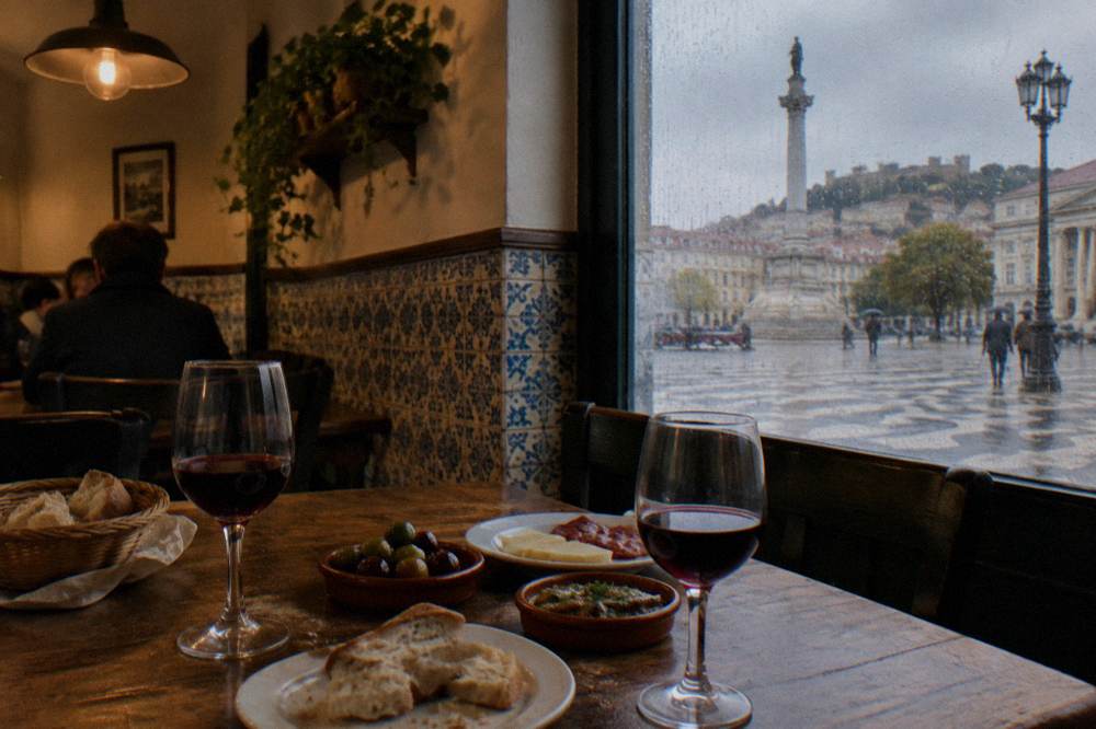 Table with Portuguese petiscos, bread and glasses of red wine