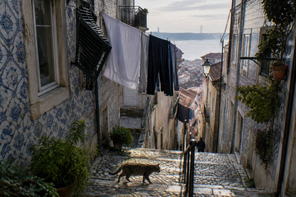 Narrow alleyway in Alfama with laundry lines and traditional tiled facades