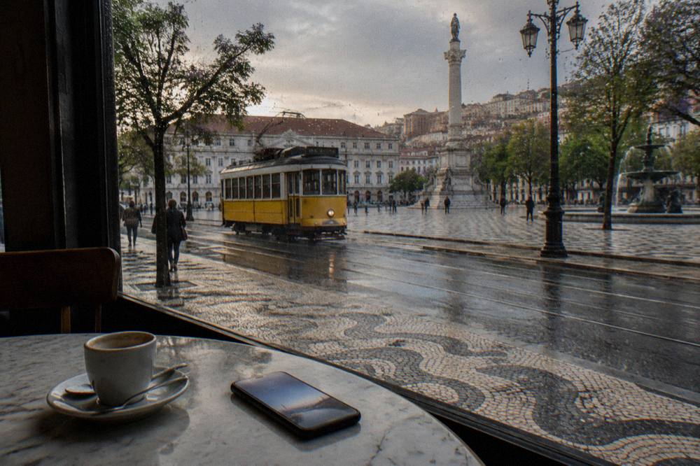 A booking confirmation screen held above a Lisbon street with yellow tram tracks
