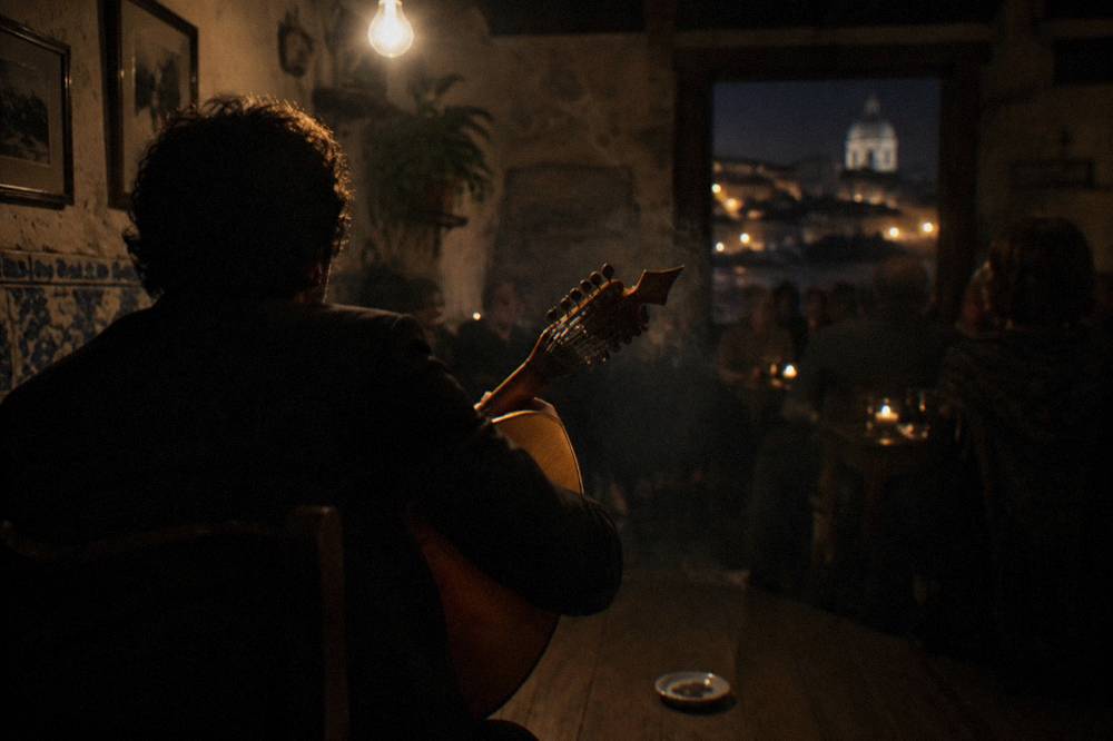 A fado singer performing under warm lamplight to a seated audience in a small Lisbon venue