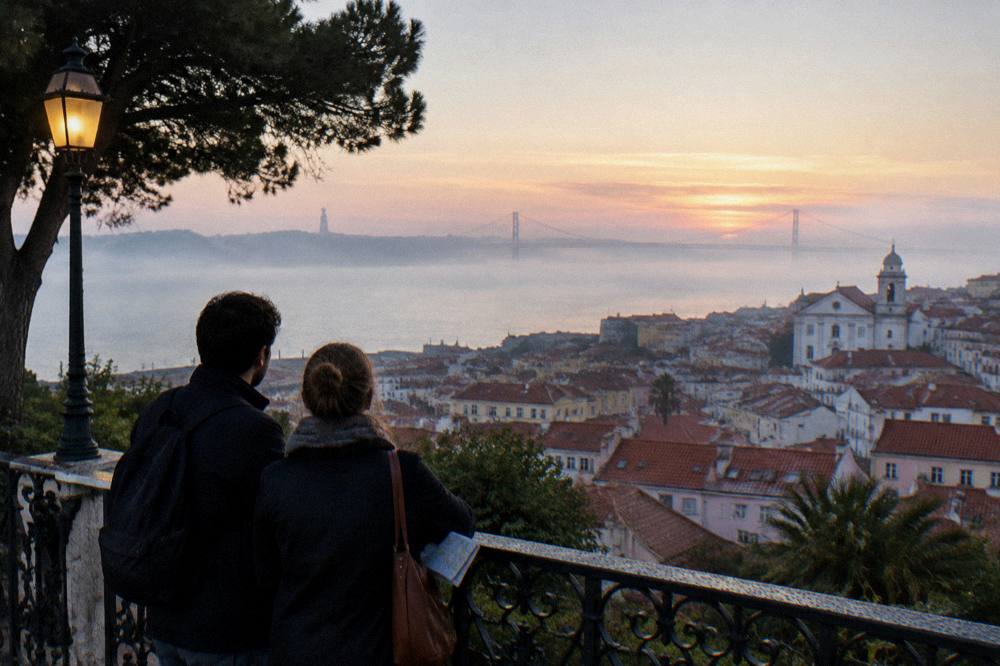 A couple reviewing a tour map on a Lisbon viewpoint overlooking red rooftops toward the river